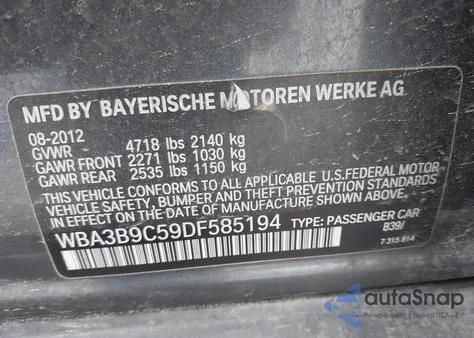 2013 BMW 335 Xi z USA, uszkodzony, nr VIN WBA3B9C59DF585194